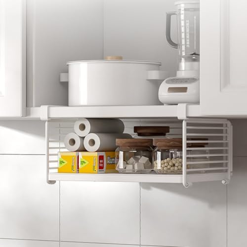 Under Cabinet Organizer, 12.2 Inch Slide Out Storage Basket, Metal Wire Hanging Rack for Kitchen Pantry, Closet, Office, Bathroom, Space Saving White Metal Shelf, White - Image 5