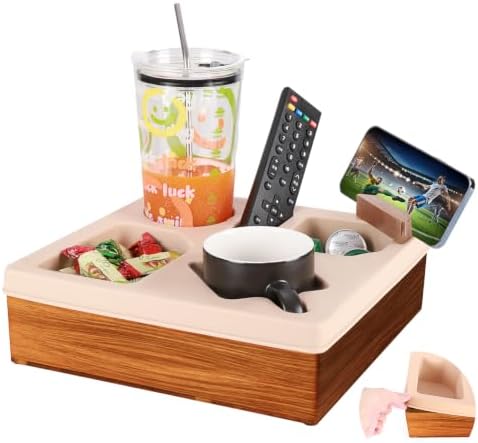 Couch Cup Holder Tray, Silicone Wooden Couch Caddy with Cup Holder for Snacks, Drinks, Remotes, Waterproof Cup Holder for Couch, Organizer, Couch Drink Holder by ducafaery
