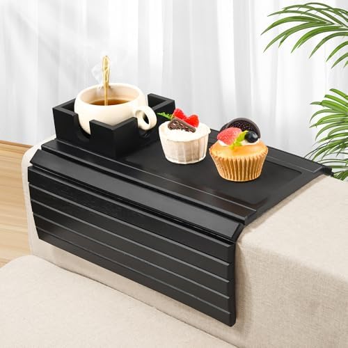 Joy&Grace Sofa Armrest Tray with Large Mug Holder, Bamboo Couch Arm Tray, Anti-Slip Couch Cup Holder Foldable Sofa Arm Table for Eating Drinks Cellphone (Color Black) by JoyGrace
