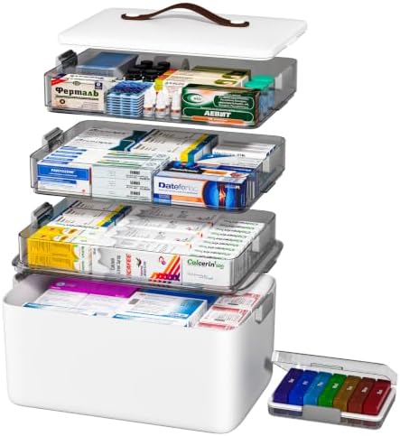 JOYBOS Medicine Storage Box Organizer, Plastic, White, 4-Tier with 7-Day Pill Case, Lockable, Waterproof, Airtight, Dustproof, by JOYBOS
