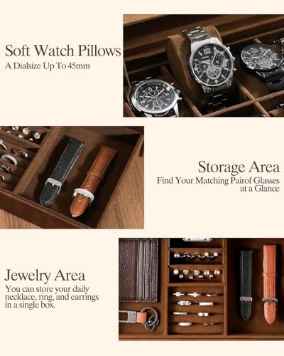GUKA Watch Box, 12 Slot Watch Case, Watch Cases for men with Real Glass Lid, Synthetic Leather Watch Organizer storage with Jewelry Case, Birthday for Men and Women, Brown - Image 5