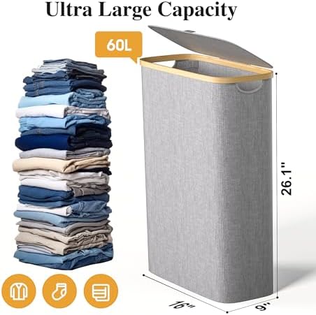 Foluck Slim Laundry Hamper, 60L Waterproof Narrow Laundry Basket with Lid and Removable Bag, Collapsible Tall Clothes Hamper with Bamboo Handles for Clothes Toys in Dorm Bedroom Bathroom, Grey - Image 2
