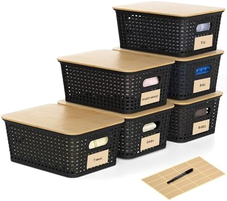 6 Pack Plastic Storage Baskets, Black bamboo lid storage Box by WRRLORS