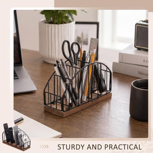 5 Slot Remote Control Holder 7.87 x 3.93 x 2.75 Inch, Vertical Metal & Wood Remote Caddy for Table, Desktop Storage Desktop Organizer for TV Remotes, Phone, Glasses, Nightstand Coffee Table, Black - Image 3