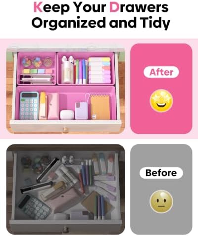 10 Pack Large Size Plastic Drawer Organizers Set, 3 Sizes Desk Drawer Organizer Trays, Storage Bins for Vanity, Makeup, Bathroom, Kitchen Utensils and Office (Pink) - Image 4