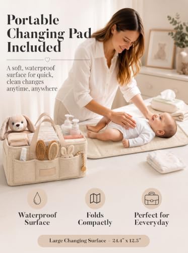 Baby Diaper Caddy Organizer with Waterproof Changing Pad, Beige - Image 4