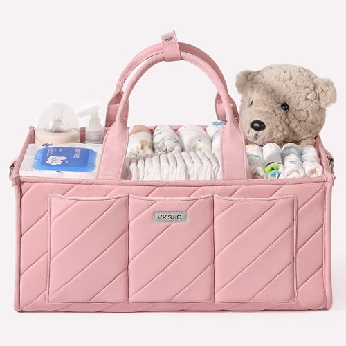Pink Diaper Caddy Organizer – Portable Storage Basket with Shoulder Strap & Stroller Hooks, Splashproof Quilted Nursery & Car Tote for Baby Girl Shower Gift, Baby Registry, Blush Pink by VKSAO