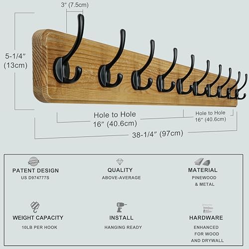 Dseap Coat Rack Wall: 38-1/4" Long, Patented, Heavy-Duty, 10-Double-Hooks Wooden Wall Mounted Coat Rack Coat Hanger Hook Rail for Winter Coats Hat Jacket Clothing, Weathered Brown - Image 4