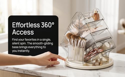 Rotating Makeup Organizer for Countertop, Large Clear Acrylic Cosmetic Caddy with Carry Handle & Necklace Hooks, 10 Tilted Compartments and 2 Brush Holders for Lipsticks, Skincare - Image 5