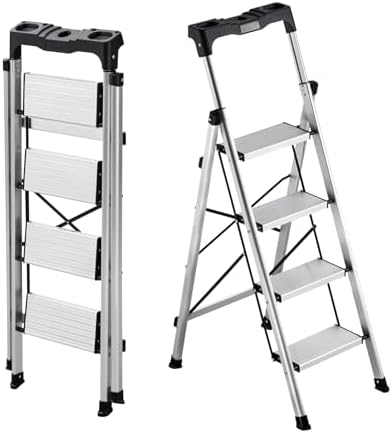 VEVOR 4 Step Ladder, Folding Step Stool with Wide Anti-Slip Pedal and Comfort Handgrip, 330 lbs Capacity Portable Aluminum Stepladder, Multi-Use for Kitchen, Home, Warehouse and Office, Silver by VEVOR