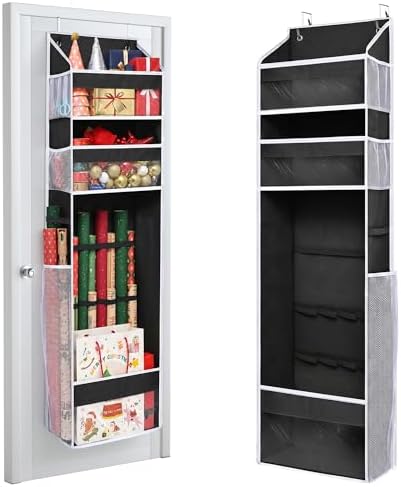 Wrapping Paper Storage Organizer – Over The Door Hanging Gift Wrap Holder for 15-30" Rolls, Space Saving Closet Organizer for Christmas, Halloween, Birthday with Side Mesh Pockets Black by ORDOVIBE