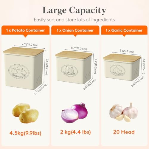 Lifewit Plastic Potato and Onion Storage Bin Box, Set of 3, Beige - Image 2
