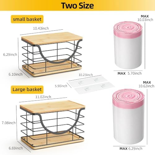 ALOCEO 2 Pack Stackable Wire Storage Basket with Bamboo Lid, Large Garbage Bag Dispenser for 13/30/33 Gallon Bags, Stainless Steel Kitchen Storage Bins for Potato and Onion, Black - Image 3