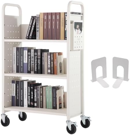 VEVOR Book Cart, 330 lbs Library Cart, 31.1" x 15.2" x 49.2" Rolling Book Cart, Single Sided L-Shaped Flat Shelves with 4-Inch Lockable Wheels for Home Shelves Office and School, Book Truck in Cream by VEVOR