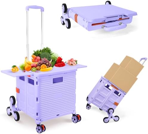 Foldable Utility Cart with Stair Climbing Wheels,Collapsible Rolling Crate with Magnetic Lid Telescopic Cover,Telescoping Handle,360° Rotate Wheel Hand Cart for teacher Shopping Moving Grocery(Purple) by ZIYOULANG