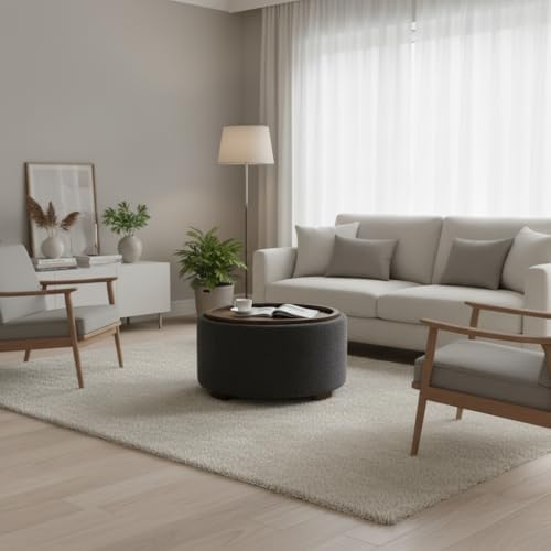 Zihanhome 30 Inch Round Storage Ottoman, Ottoman Coffee Table with Lift Off Lid, Boucle Modern Ottomans with Storage for Living Room, Bedroom, Apartments (Grey) - Image 4