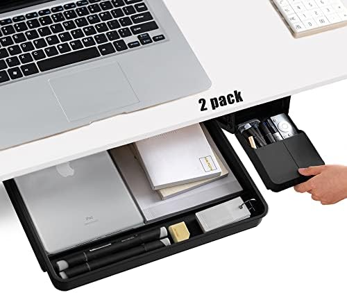 Under Desk Drawer Storage Organizer - 2 Pack (Large and Small) Black - (Please Note - Drawer Size/No Lip Under Desktop) - 2 Installation Methods (Screw or Adhesive) by Navtcow