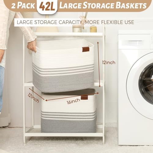 Storage Baskets, 42L*2 Pack Storage Baskets for Organizing, Laundry Basket for Closet, Cotton Rope Blanket Basket for Storage, Toy Storage Basket for Living Room, Laundry Room, Bedroom-Grey - Image 2