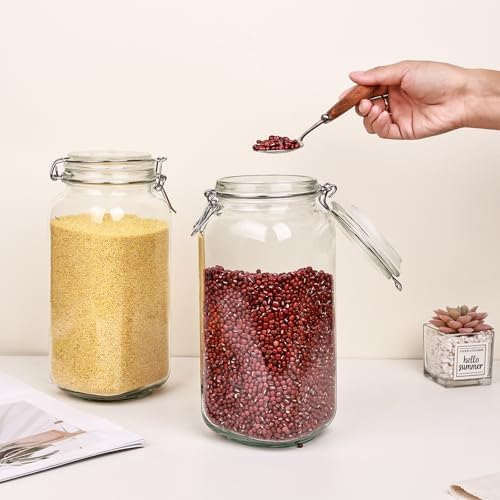 Liuruiyu 78oz Glass Food Storage Jars with Airtight Clamp Lids, 3 Pack Wide Mouth Large Kitchen Canisters for Flour, Cereal, Beans, Pasta and Canning, Square Mason Jar with Labels - Image 3
