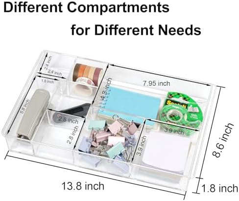 ZEXALOR 8-Section Clear Drawer Organizer, Large Acrylic Drawer Divider Tray for Desk,Bathroom,Office Makeup,Junk, Plastic Drawers Organizer 13.7" x 8.7" x 2" (8-Section) - Image 5