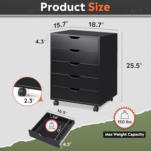 DEVAISE 5-Drawer Filing Cabinet, Under Desk file Cabinet, Black - Image 3