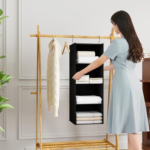 Hanging Closet Organizer 4-Shelf, Oxford Fabric Wardrobe Storage, Black - Image 2