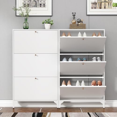 Shoe Cabinet with 3 Flip Drawers, Narrow Shoe Storage Cabinet, Farmhouse Shoe Organizer, Freestanding Organizer with Metal Legs for Entryway, Foyer (White, 3 Door) - Image 6