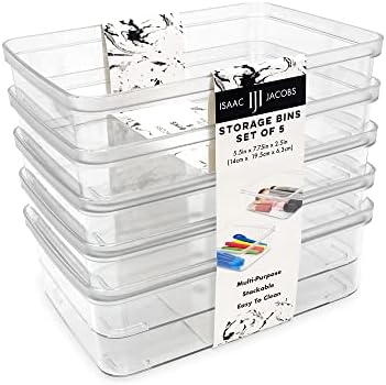 Isaac Jacobs 5-Pack Small Clear Storage Bins (5.5” L x 7.75” W x 2.5” H) by IsaacJacobs