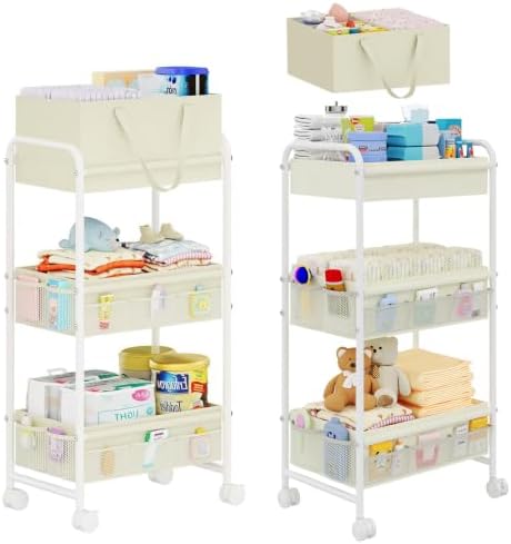 Cidaziya 2 in 1 Baby Diaper Organizer with Diaper Caddy Basket,Nursery Organizers and Storage Cart for Baby Essentials with Side Pockets, Rolling Postpartum Cart for Nursery, Baby registry by Cidaziya
