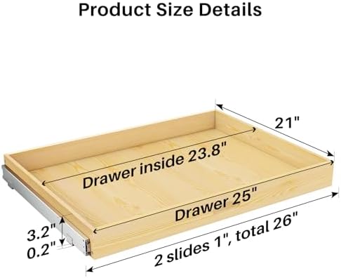 Pull Out Cabinet Organizer, Soft Close Wooden Slide Out Drawers for Pots and Pans, Full-extension Roll Out Shelves for Kitchen Cabinets, Pantry Organization, Bottom & Side Mount(26"W X 21"D x 3.4''H) - Image 2
