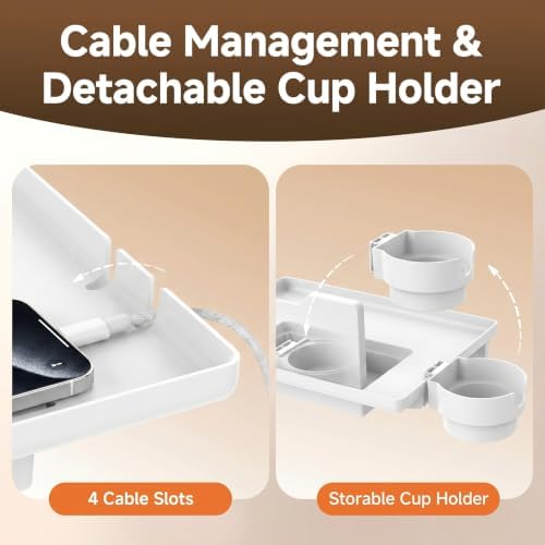 Clamp-On Bedside Shelf with Detachable Cup Holder & Cable Slots, Space-Saving Floating Nightstand for Top Bunk, Max 2.9", White - Image 4