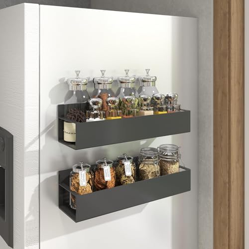 2 Pack Magnetic Spice Storage Rack Organizer for Refrigerator and Oven, Moveable Magnetic Spice Organizer, Black Metal Strong Magnetic Shelf for Fridge and Microwave Oven - Image 2