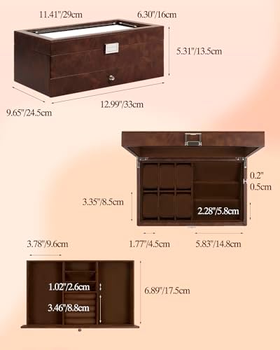 GUKA Watch box, 6 Slot Watch Case, 3 Slot Sunglass Organizer, Watch Cases for men with Real Glass Lid, Watch Organizer storage with Jewelry Case, Birthday for Men and Women, - Image 6