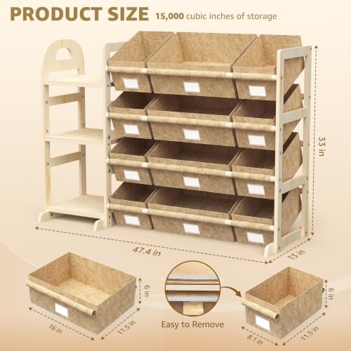 Toy Storage Organizer with 3 Shelves and 12 Bins, Bookshelf/Bookcase, Kids Bin Shelf, Toys Box for Playroom Organization for Bedroom & Room, 47.4" W (khaki) - Image 2