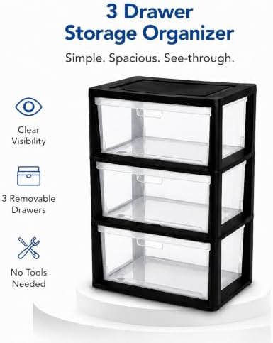 3 Drawer Storage Organizer, 3-Tier Wide Clear Plastic Drawer Storage -Black - Image 3