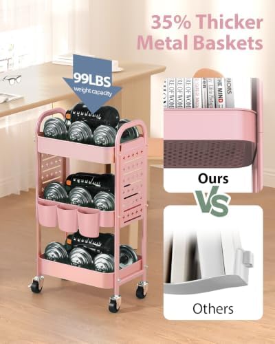 ALVOROG 3 Tier Metal Rolling Utility Cart with Pegboards,Baskets,Hooks,Pink - Image 4