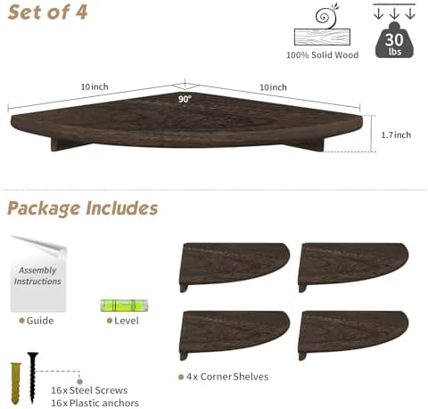 Forbena Floating Corner Shelves for Wall Set of 4, Small Corner Bookshelf for Bedroom Books, Round Wooden Corner Shelf Wall Mount for Bathroom Plants, Kitchen, Living Room Decor (Dark Brown) - Image 2