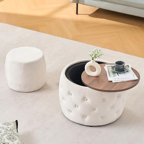 Mofolit 22.5" Round Storage Ottoman,Velvet Coffee Table (Beige) - Image 3