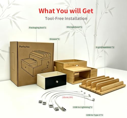 Bamboo Charging Station Organizer with Drawer and Pen Holder - Image 2