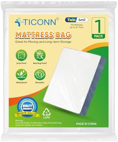 TICONN 1PK Plastic Mattress Bags for Moving, Waterproof Mattress Cover by TICONN