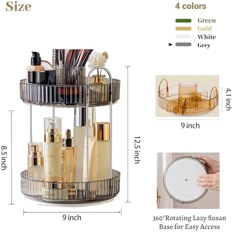Aveniee 360° Rotating Makeup Organizer for Vanity, Upagraded Perfume Skincare Bathroom Counter Organizers with Brush Divider, Two Tier Spinning Lipstick Cosmetic Lotion Storage,Grey - Image 4