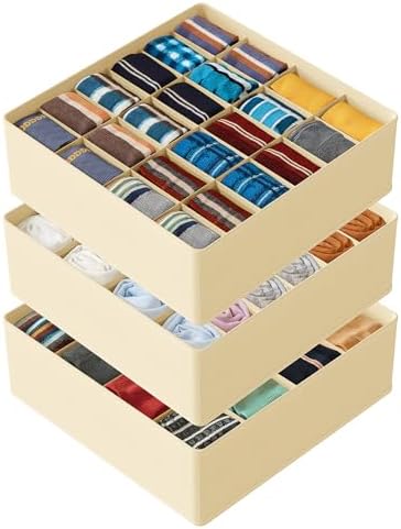 SpaceAid Sock Drawer Organizer Divider 3 Pack, 64 Cell Dresser Closet Nursery Underwear Organizers Storage Bins for Organizing Socks Underwear Ties Belts (Beige) by SpaceAid