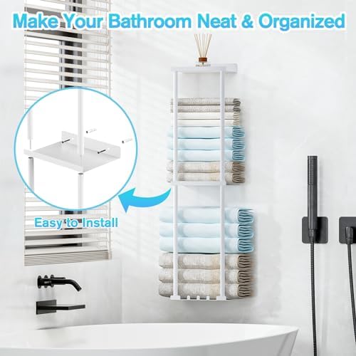 Liuoud Towel Rack for Bathroom, Wall Mounted Vertical Rolled Towel Storage Organizer Holder with Shelf, Holds Up 6 Large Bath Sheets, White - Image 4