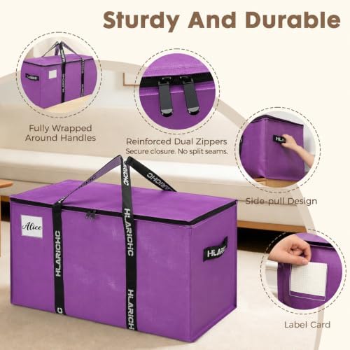 Heavy Duty Moving Bags 97L - Extra Large Storage Bags with Strong Zipper & Comfortable Handles, Packing Boxes for Moving House, College Dorm, 4 Pack, Purple, Virgin PE Material - Image 5