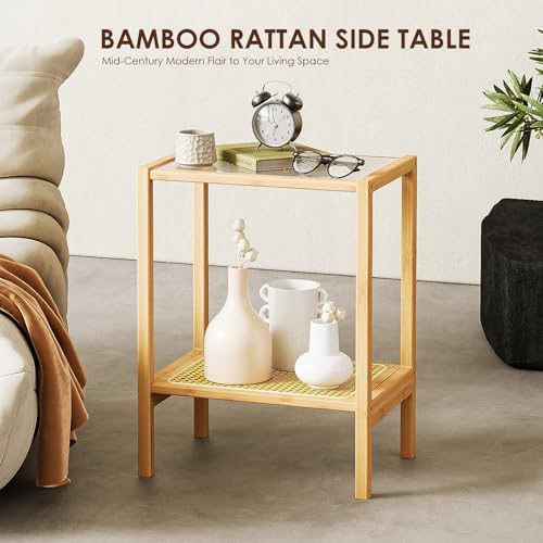 Bamworld Side Table Nature Rattan End Table 2-Tier with Storage Boho - Image 6