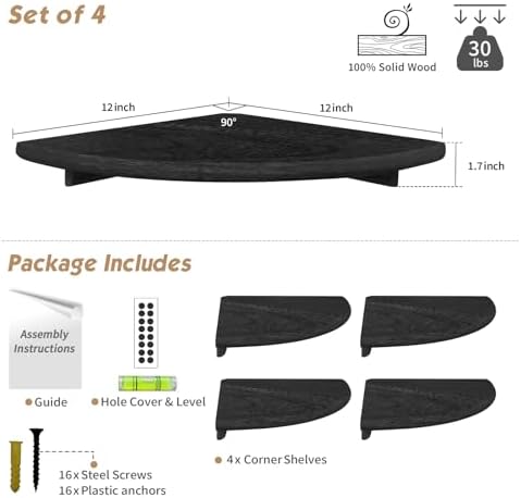 Forbena Black Floating Corner Bookshelf for Wall Set of 4, Large Corner Plant Shelves for Living Room, Rustic Rounded Hanging Bookshelves Wall Mounted for Bedroom Books, Kitchen, Closet, Office - Image 2