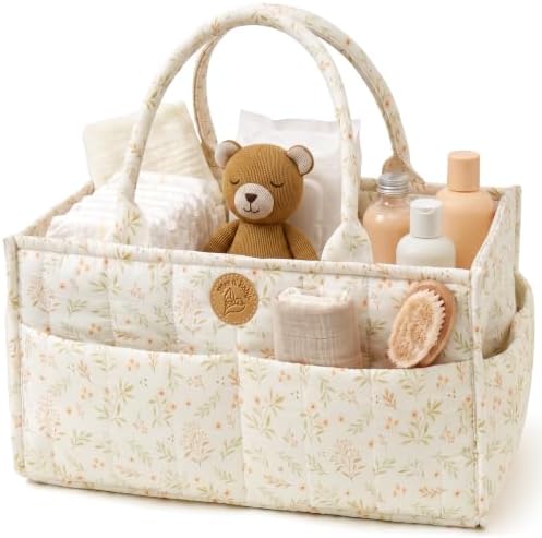 Floral Diaper Caddy Organizer - Portable Diaper Caddy with Handles & Removable Dividers - Large & Quilted Nursery Storage Basket for Girls - Woodland Nursery Decor & Wildflower Gift for Baby Shower by BlissnBaby