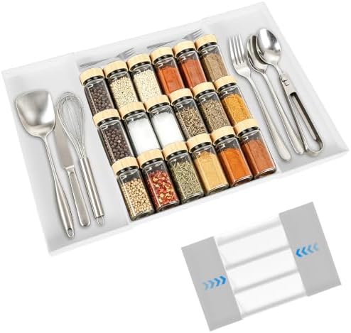 Expandable Spice Drawer Organizer with 5 Compartments & 2 Utensil Slots, Heavy-Duty Large Capacity Multi-Functional Kitchen Spice Rack for Drawer Cabinet Tray, White by MAXVINI