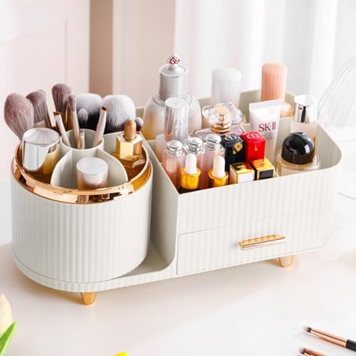 Rotating Makeup Organizer for Vanity with Brush Holder and Drawer, Cosmetic Makeup Storage, Large Spinning Makeup Skincare Organizer, Countertop Makeup Perfume Organizer, Lotions Display Case (White) by COMFYROOM