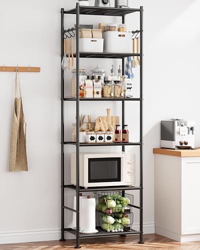 Sakugi Storage Shelves - 6-Tier Large Capacity Shelf Organizer with Hooks, Heavy-Duty Garage Shelving with Leveling Feet, Wobble-Free Rack for Bedroom, Balcony, Garage, 18.1"×12.4"×70.1", Black - Image 2